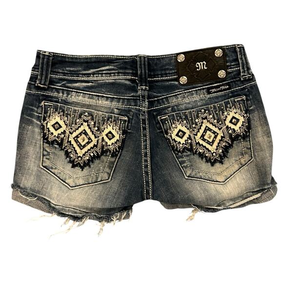 Miss Me Blue Denim Mid Rise Shorts 29" Waist Embroidered Leather Patch JW5416H - Picture 1 of 7